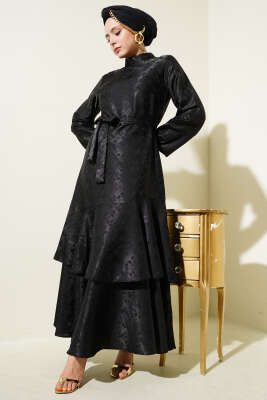 Desenli Fırfır Volanlı Jakar Elbise Siyah 