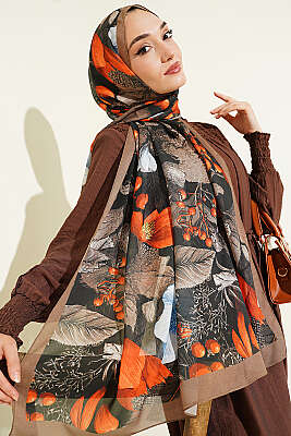 Desenli Fransız İpeği Şal Haki - Başörtüsü