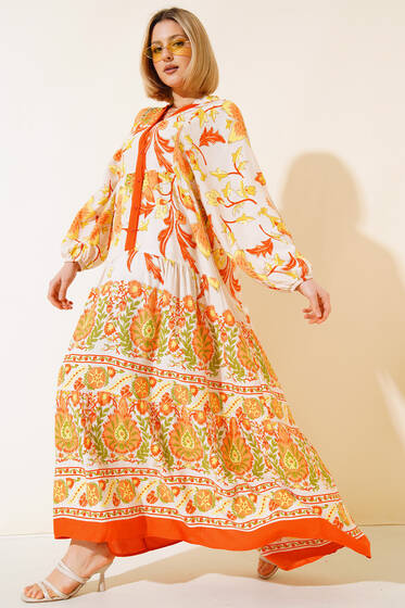 Desenli Geniş Elbise Oranj - Elbise