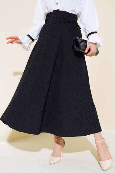 Desenli Geniş Kemerli Etek Siyah - Etek