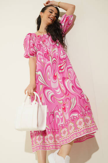 Desenli Gipeli Elbise Fuşya - Kadın Giyim Modelleri