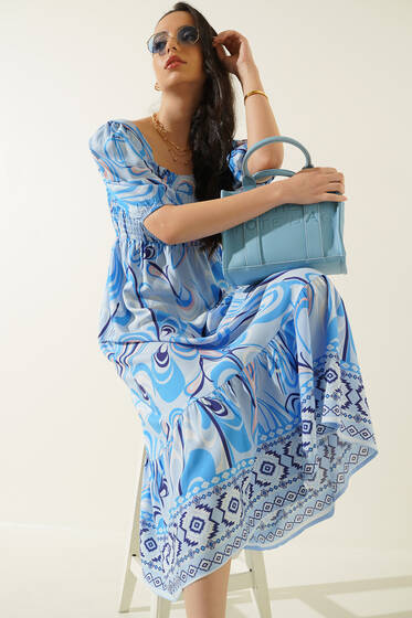 Desenli Gipeli Elbise Mavi - Kadın Giyim Modelleri