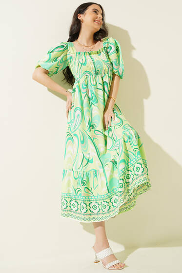 Desenli Gipeli Elbise Yeşil - Kadın Giyim Modelleri
