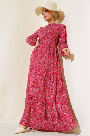 Desenli Gizli Düğmeli Elbise Mürdüm - Tesettür Elbise