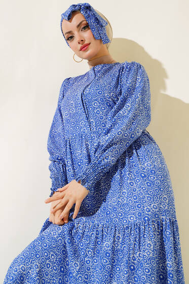 Desenli Gizli Düğmeli Elbise Saks - Tesettür Elbise