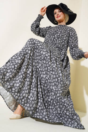 Desenli Gizli Düğmeli Elbise Siyah - Tesettür Elbise