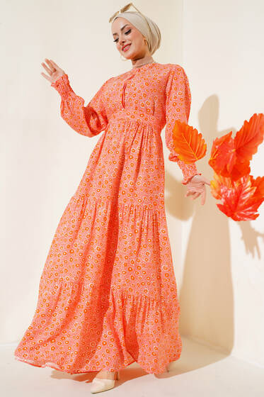 Desenli Gizli Düğmeli Elbise Somon - Tesettür Elbise