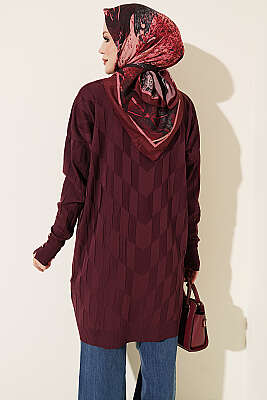 Desenli Gold Düğmeli Merserize Tunik Mürdüm - Tunik