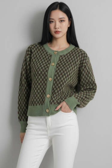 Desenli Gold Düğmeli Triko Hırka Çağla Yeşili - Kadın Giyim Modelleri