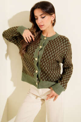 Desenli Gold Düğmeli Triko Hırka Çağla Yeşili