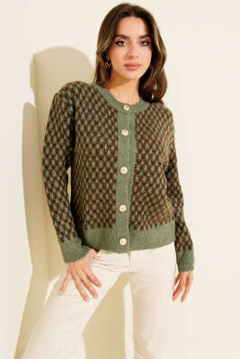 Desenli Gold Düğmeli Triko Hırka Çağla Yeşili - Kadın Giyim Modelleri