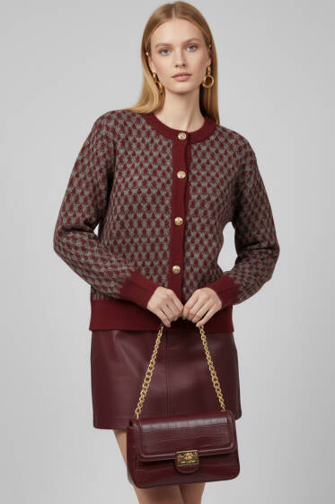 Desenli Gold Düğmeli Triko Hırka Kırmızı - Kadın Giyim Modelleri