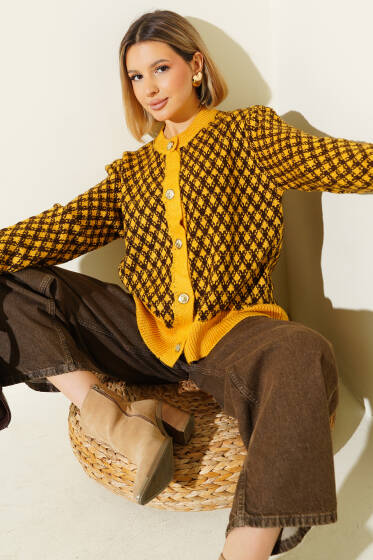 Desenli Gold Düğmeli Triko Hırka Sarı - Kadın Giyim Modelleri