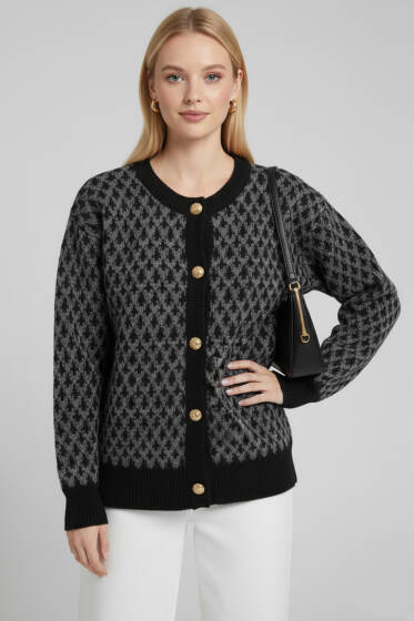 Desenli Gold Düğmeli Triko Hırka Siyah - Kadın Giyim Modelleri