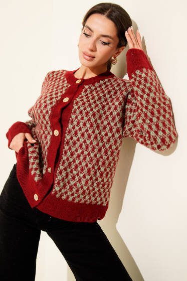 Desenli Gold Düğmeli Triko Hırka Yeşil - Kadın Giyim Modelleri