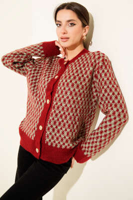 Desenli Gold Düğmeli Triko Hırka Yeşil - Kadın Giyim Modelleri