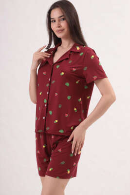 Desenli Gömlek Yaka Şortlu Pijama Takımı Bordo 