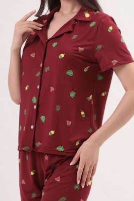 Desenli Gömlek Yaka Şortlu Pijama Takımı Bordo - Pijama