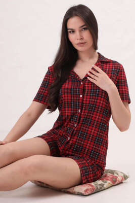 Desenli Gömlek Yaka Şortlu Pijama Takımı Kırmızı 