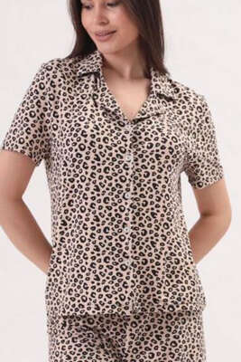 Desenli Gömlek Yaka Şortlu Pijama Takımı Latte - Kadın Pijama Takımı