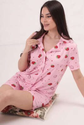 Desenli Gömlek Yaka Şortlu Pijama Takımı Pembe 