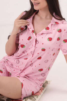 Desenli Gömlek Yaka Şortlu Pijama Takımı Pembe - Pijama