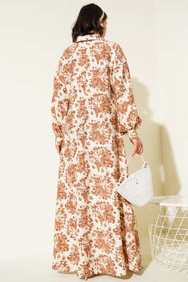  Desenli Gömlek Yaka Taş Düğmeli Elbise Camel - Tesettür Elbise