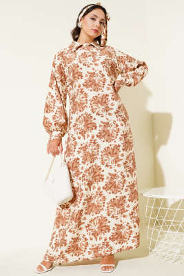  Desenli Gömlek Yaka Taş Düğmeli Elbise Camel - Tesettür Elbise