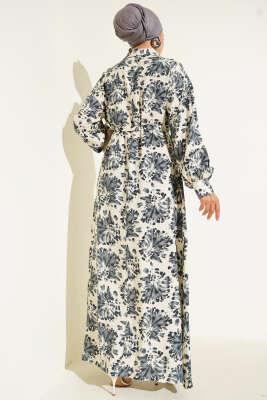  Desenli Gömlek Yaka Taş Düğmeli Elbise Duman Gri - Tesettür Elbise