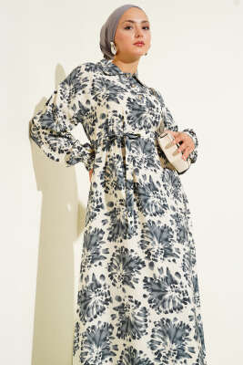  Desenli Gömlek Yaka Taş Düğmeli Elbise Duman Gri - Tesettür Elbise