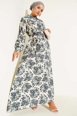  Desenli Gömlek Yaka Taş Düğmeli Elbise Duman Gri - MUSTİ