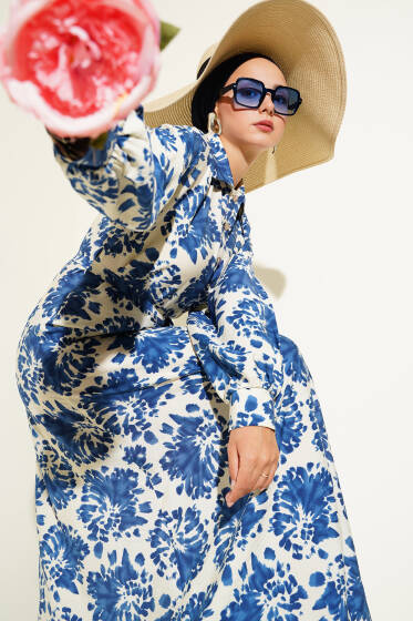  Desenli Gömlek Yaka Taş Düğmeli Elbise Indıgo - Elbise