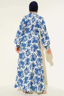  Desenli Gömlek Yaka Taş Düğmeli Elbise Indıgo - Tesettür Elbise