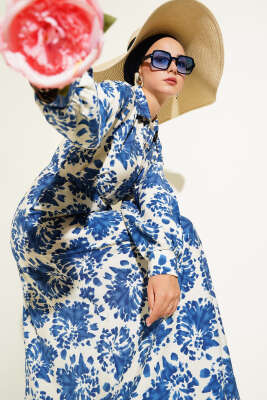  Desenli Gömlek Yaka Taş Düğmeli Elbise Indıgo 