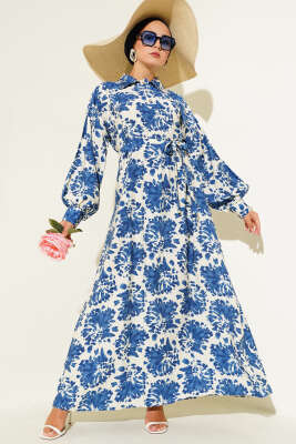  Desenli Gömlek Yaka Taş Düğmeli Elbise Indıgo - Tesettür Elbise