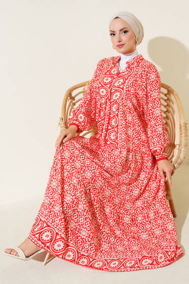 Desenli Hakim Viskon Elbise Alizarin - Elbise