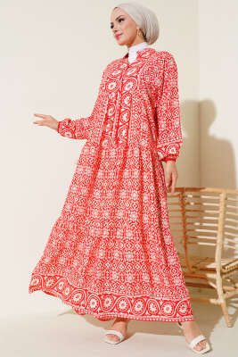 Desenli Hakim Viskon Elbise Alizarin - Tesettür Elbise