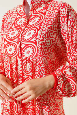 Desenli Hakim Viskon Elbise Alizarin - Tesettür Elbise