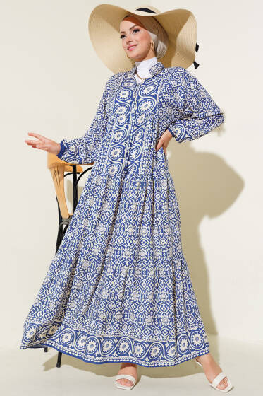 Desenli Hakim Viskon Elbise İndigo - Elbise