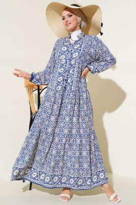 Desenli Hakim Viskon Elbise İndigo - Tesettür Elbise