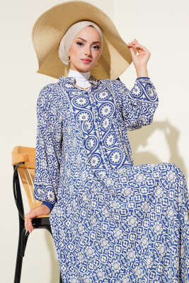 Desenli Hakim Viskon Elbise İndigo - Tesettür Elbise