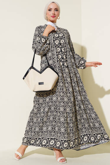 Desenli Hakim Viskon Elbise Siyah - Elbise