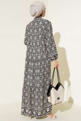 Desenli Hakim Viskon Elbise Siyah - Tesettür Elbise