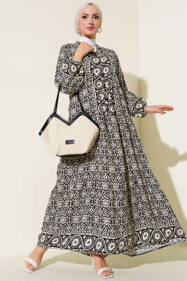 Desenli Hakim Viskon Elbise Siyah 