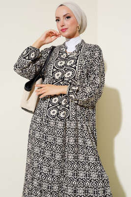 Desenli Hakim Viskon Elbise Siyah - Tesettür Elbise