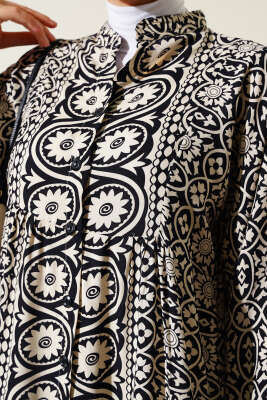 Desenli Hakim Viskon Elbise Siyah - Tesettür Elbise