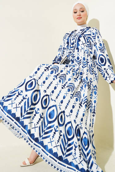 Desenli Hakim Yaka Düğmeli Elbise Lacivert - Elbise