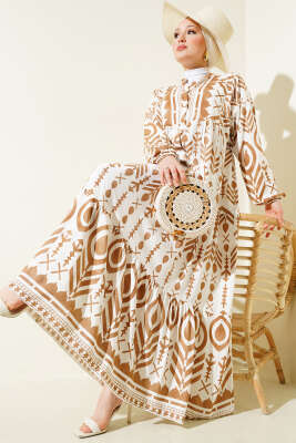 Desenli Hakim Yaka Düğmeli Elbise Latte 