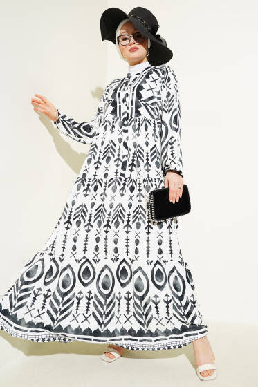 Desenli Hakim Yaka Düğmeli Elbise Siyah - Elbise