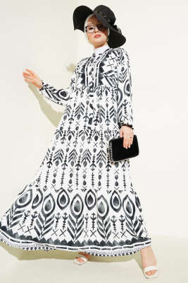 Desenli Hakim Yaka Düğmeli Elbise Siyah - Tesettür Elbise